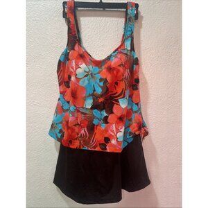 Maxine of Hollywood One Piece Swim Suit 16 Brown Floral Tropical Print Built Bra